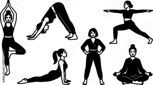 Flat design black silhouette women performing yoga poses multiple angles isolated on white background calm balanced composition studio vector art