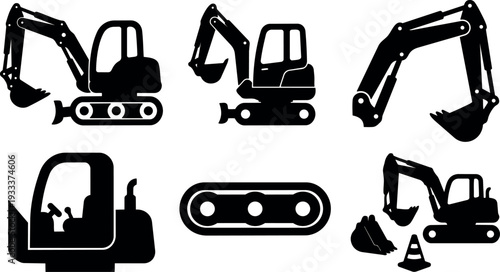 Flat design side view compact excavator with bucket tracks operator cabin close up construction equipment silhouette industrial digger vector icon