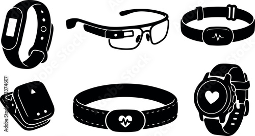 Flat design close up wearable tech icons set showing smartwatch fitness tracker smart glasses and heart monitor bands in silhouette