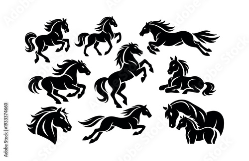 Horses vector silhouette collection isolated on white background. Different poses of galloping, rearing, jumping, and standing horses