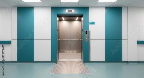 Wallpaper Mural Modern Hospital Elevator with Teal and White Accents in a Brightly Lit Corridor Torontodigital.ca