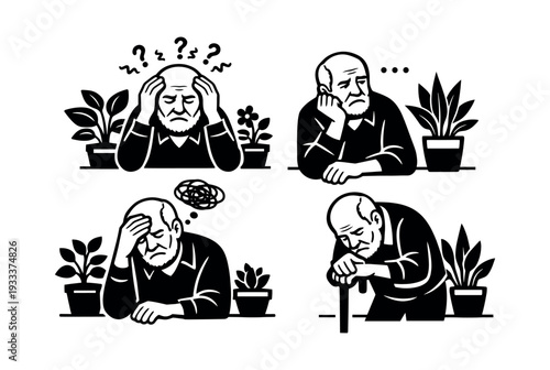Senior man showing signs of cognitive decline, mental health issues, forgetfulness, and anxiety, needing elder support