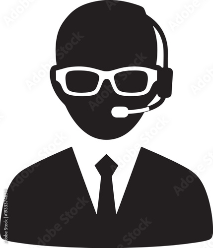 Black silhouette of a man wearing a headset and glasses with a tie