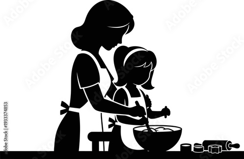 Mother and Daughter Cooking Together Silhouette.