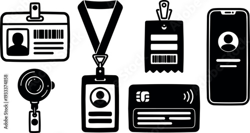 Flat design id badge set showing lanyard badge reel access card mobile id and ticket close up black silhouette vector