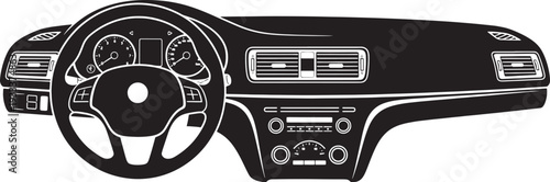 Black and white of a car dashboard with steering wheel and instruments car interior vehicle controls