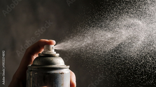 Hand holding spray can releasing mist in dark background  