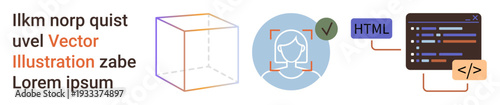 Artificial intelligence, coding, web development, facial recognition, 3D modeling, security systems. A cube, face scan and code visuals in one layout. Artificial intelligence and coding concepts