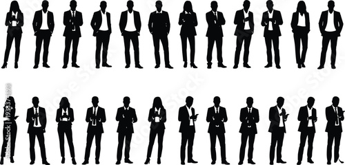 Business people silhouettes collection with standing corporate men and women in formal suit poses isolated vector set