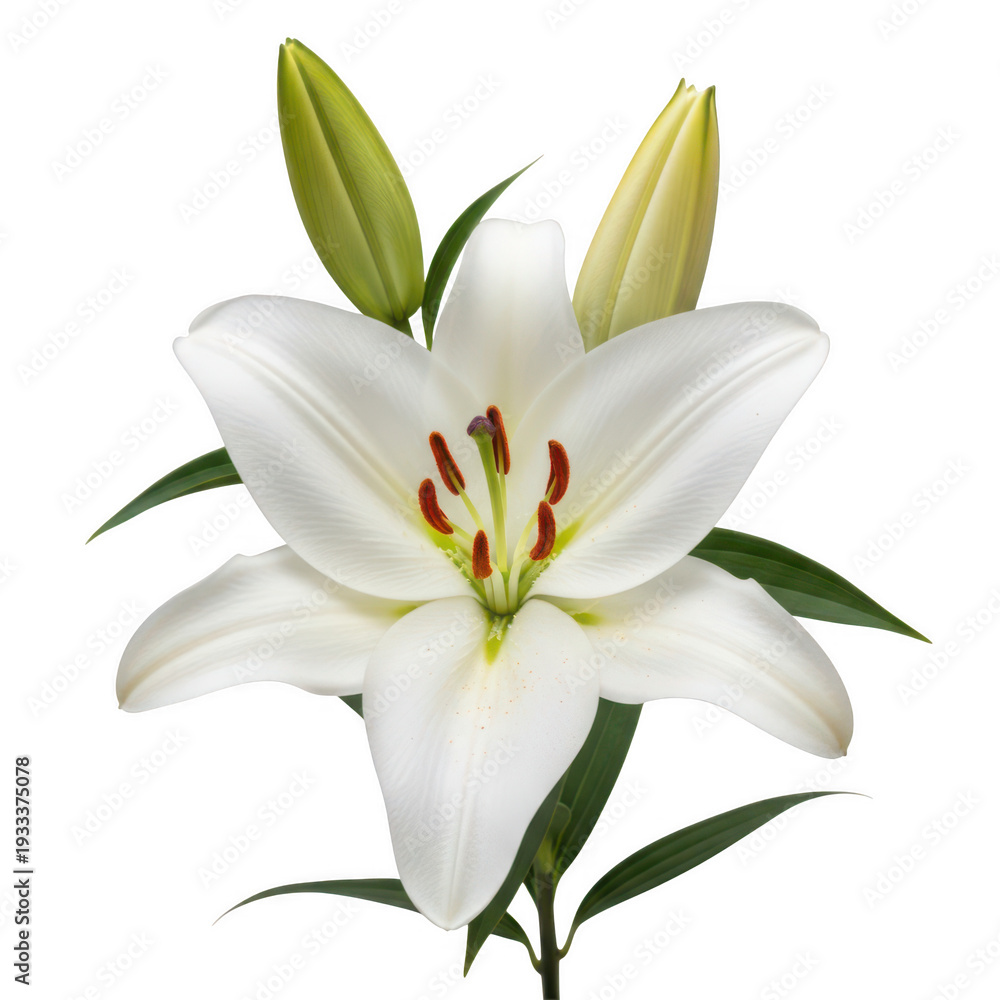 Fototapeta premium A beautiful white lily flower with green leaves and unopened buds on a white background.