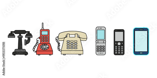 Telephone evolution timeline presenting different communication devices from vintage landlines to modern cellular smart phones