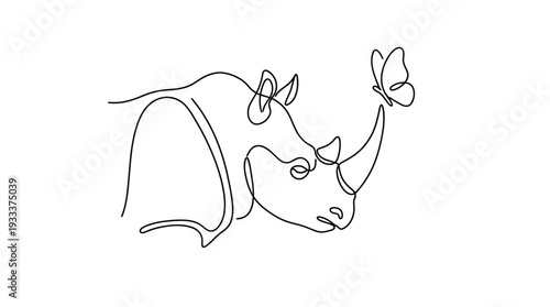 Rhino with Butterfly One-Line Icon, Single Continuous Line Head Shoulder Minimal Outline