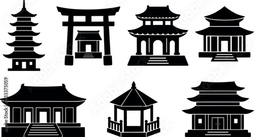 Flat design black temple and pagoda icons set showing torii gate shrine pavilion and gazebo in simple silhouette traditional architecture