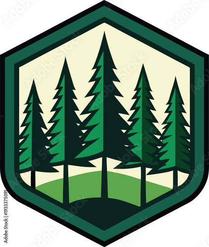 Green pine trees arranged in hexagonal badge with forest scene vector illustration EPS PNG file