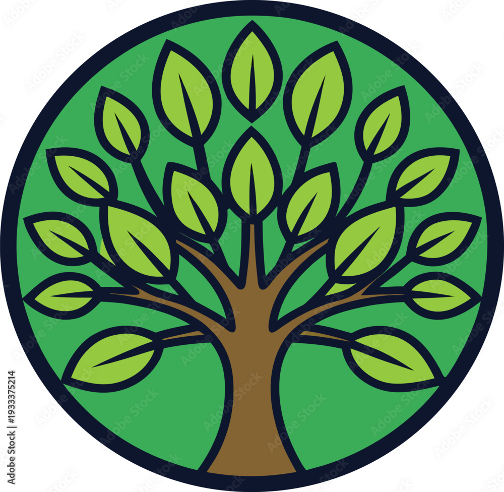 Obraz premium Symmetrical green tree with leaves in circle frame vector illustration EPS PNG file