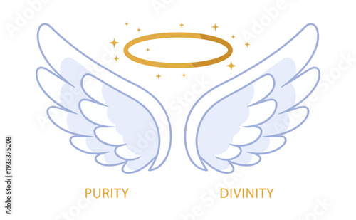 Angel wings with a glowing halo and stars above, symbolizing concepts of purity, divinity, heaven, and spirituality