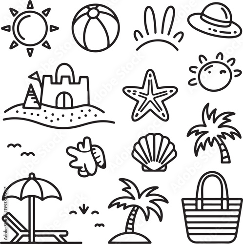 Colorful summer beach and travel icon set with sun, sea, palm, umbrella, boat, sunglasses, and vacation symbols in vector illustration style
