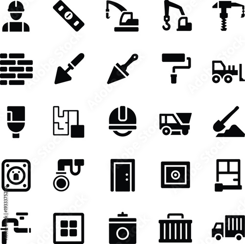 Construction and building icons set with worker tools crane forklift cement mixer door window and plumbing symbols