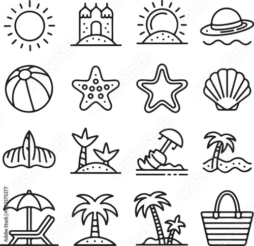 Beach landscape icons set. Outline set of beach landscape vector icons for web design isolated on white background