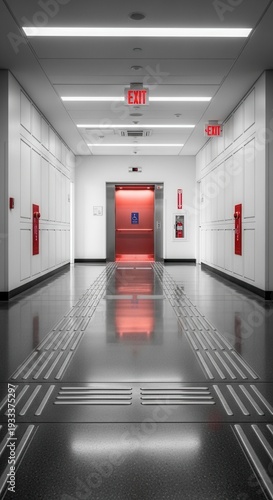 Wallpaper Mural Modern Institutional Hallway With Reflective Flooring Leading to an Elevator Doorway Torontodigital.ca