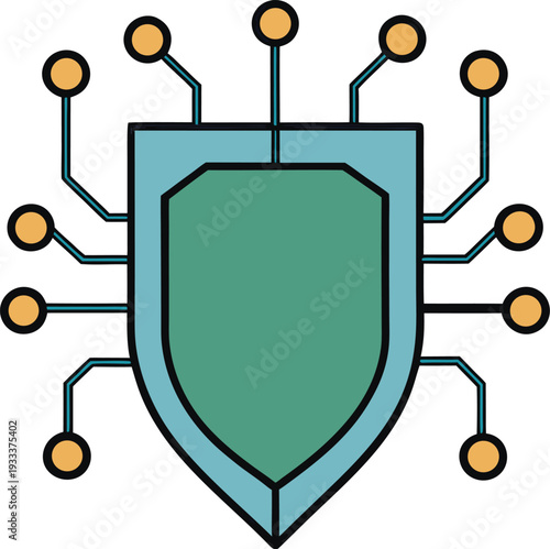 Green shield with circuit connectors and orange nodes vector illustration EPS PNG file