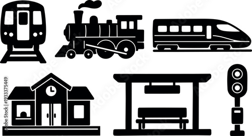Flat design railroad transport icons set showing steam engine high speed train subway front station platform bench and clock