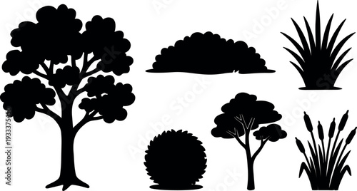 Flat design silhouette oak tree large canopy looking left small round bush reed cattail cluster grass isolated white background vector