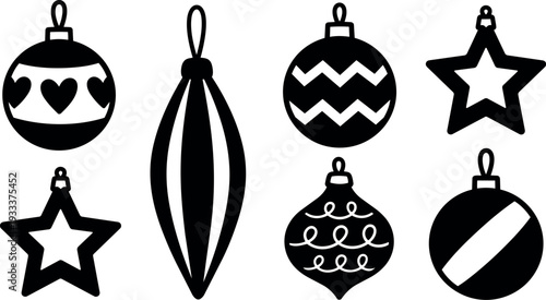 Flat design hanging christmas ornaments set black silhouette close up assorted baubles and stars on white background festive minimalist vector