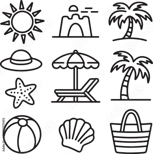 Summer vacations icon set. Vector thin line illustrations with objects, activities and places related with traveling,