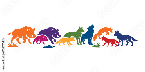 Wild animals forming a vibrant group, showing the diversity of species in natural habitats, including boars, foxes, and wolves
