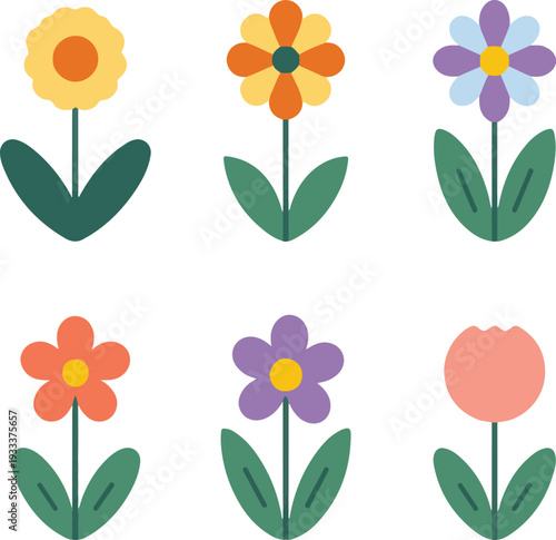 Set of colorful spring flower icons with cartoon tulips and daisies in a bright floral vector styleSet of colorful spring flower icons with cartoon tulips and daisies in a bright floral vector style