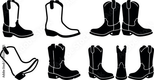 Silhouette cowboy boot icons set showing multiple angles pairs on white background with bold black contrast side front rear views