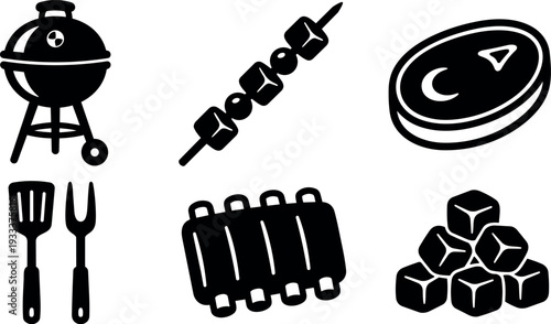 Flat design barbecue cooking icons set with grill kebab steak ribs tongs fork and ice cubes minimal simple kitchen utensils