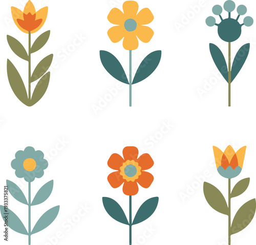 Beautiful vector flower set with floral elements for spring and summer design illustration and decoration collection featuring blossoms, leaves, butterflies, and colorful plant