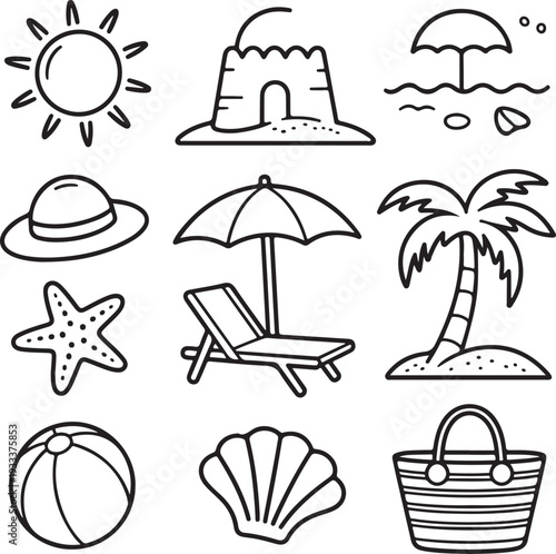 Colorful summer beach and travel icon set with sun, sea, palm, umbrella, boat, sunglasses, and vacation symbols in vector illustration styleColorful summer beach and travel icon set 