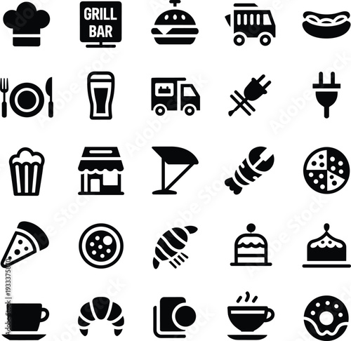 Food and restaurant icons set with pizza burger coffee bakery seafood delivery and fast food symbols