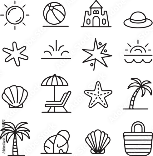 Minimal vector travel and summer beach icons set with sun, sea, umbrella, palm tree, boat, sunglasses, and holiday symbols collection