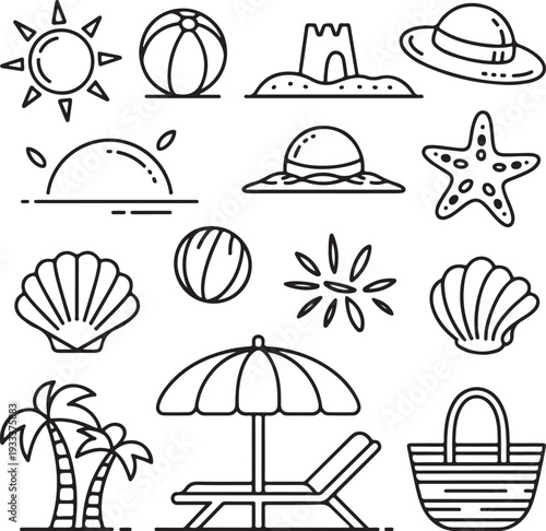Summer vector icons collection. Summer, sun, ice cream, beach items, sunglasses, and warm weather.