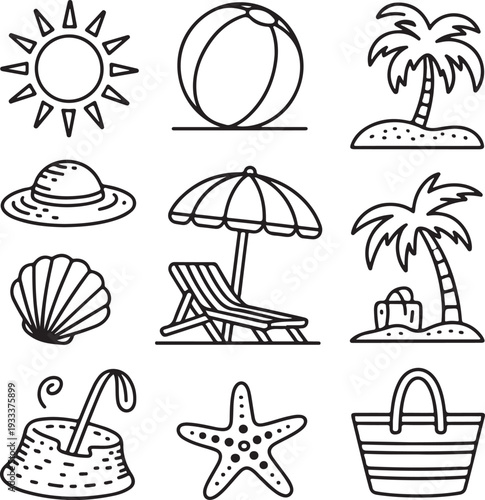 Summer beach line icons set. Vector vacation symbols. Sun, palm, cocktail, sunglasses, wave, surfboard. Minimalist travel signs.