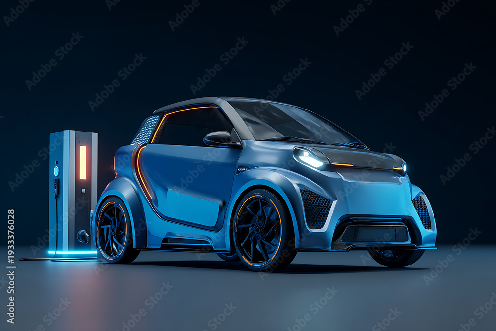 Obraz premium Futuristic Blue Electric Car Charging Station with Neon Lights.