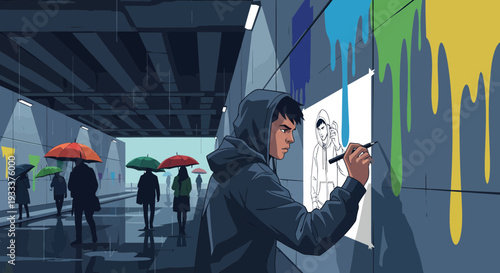 Young artist drawing graffiti on a wall.