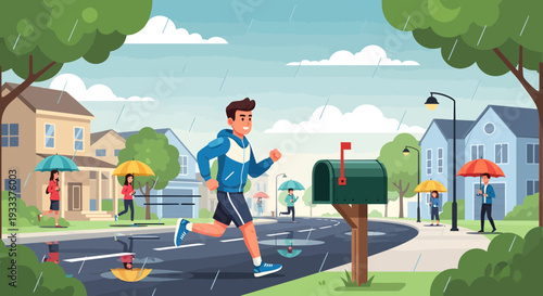 Young man running in the rain on a suburban street.