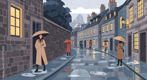 Woman with umbrella walking on rainy street.