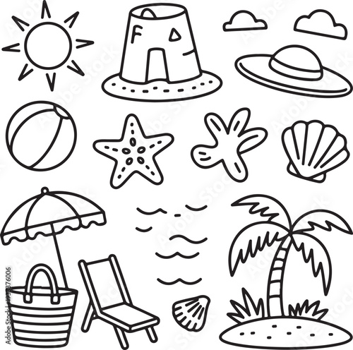 Minimal vector beach and summer icon set with travel symbols, sea elements, sun, umbrella, palm tree, boat, sunglasses, and vacation design collection
