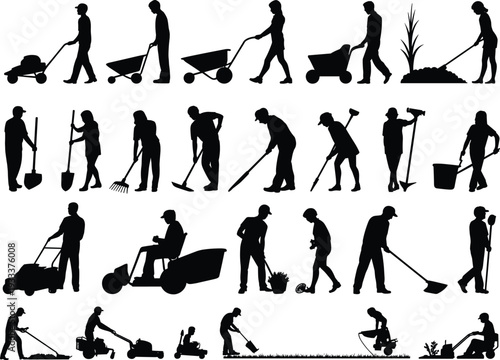 Gardening and landscaping workers silhouettes set with lawn mower shovel rake wheelbarrow and yard maintenance activities