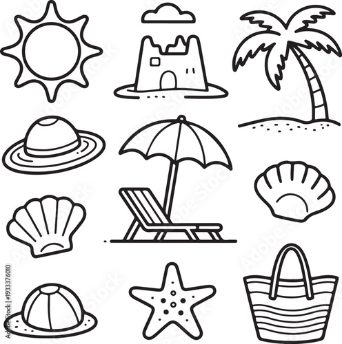 Minimal vector summer beach icon set with travel symbols, sun, sea, umbrella, palm tree, boat, sunglasses, and vacation elements collection