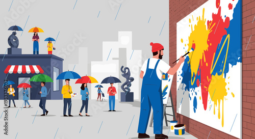 Artist painting abstract art on wall outdoors.