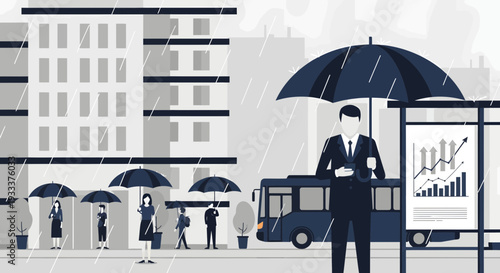 Businessperson standing under umbrella with financial graph on display.