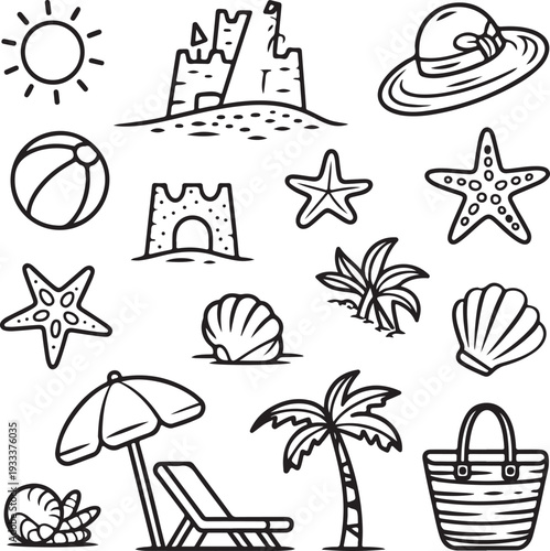 Summer beach and travel icons set with sun, sea, boat, umbrella, palm, and holiday symbols collection