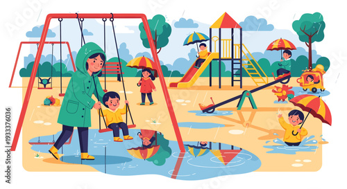 Children playing in puddles on a rainy day at the playground.